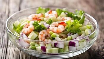 Shrimp, celery and red onion salad in a glass bowl, horizontal, copy space photo