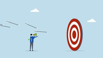 Marketing target strategy, 4k animation of entrepreneur directs dart to hit precise target bullseye. video