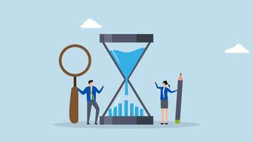 Time management analysis, 4k animation of Business professionals, project managers, and analysts examine a time graph represented in an hourglass. video