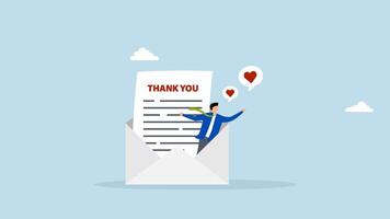 Thank you message, 4k animation of businessman expressing gratitude on a thank you message envelope. video