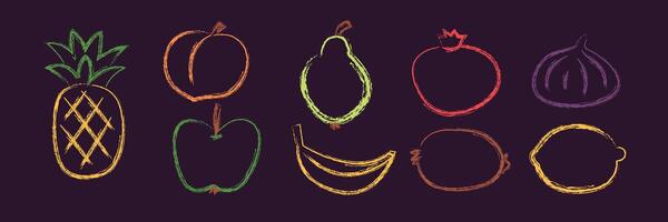 Chalk fruits collection. Set with watermelon, apple, pear, lemon, banana, fig, kiwi. Organic peach and pineapple. vector