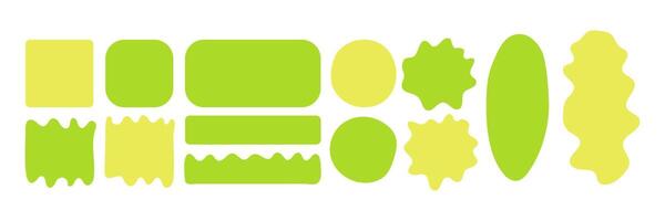 Hand drawn spring shapes. Set of liquid circle and rectangle forms. Irregular yellow and green blobs for comment text vector