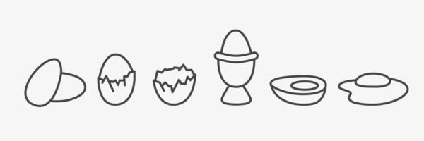 Set of egg line icons. Whole and broken, boiled and fried chicken eggs. Breakfast food. Hand drawn outline symbols vector