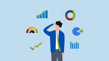 Businessman financial data analysis, 4k animation of businessman thinking with data chart and graph. video