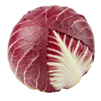 A vibrant radicchio head showcasing its intricate leaf patterns and contrasting color variations in detail transparent background png