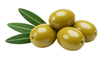 A close up view of a small pile of green olives with leaves on an isolated simple background transparent background png
