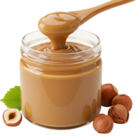 A jar of hazelnut spread with a wooden spoon and some hazelnuts on a plain surface showing texture transparent background png