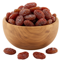 A wooden bowl filled with many plump raisins and some scattered around the bowl on a plain surface transparent background png