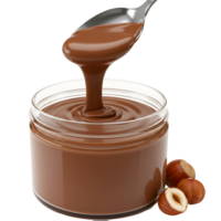 Chocolate spread being poured from a spoon into a jar with hazelnuts on a plain color backdrop transparent background png