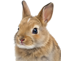 A close up portrait of a light brown rabbit with long ears and a pink nose looking to the side transparent background png