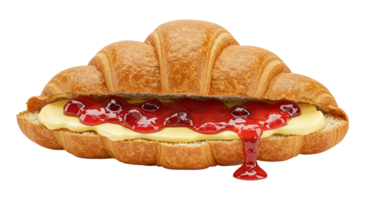 A croissant filled with cream and red jam dripping on a plain color isolated surface view from the front transparent background png