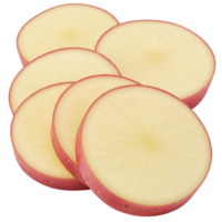 A view of several potato slices with pink skin and light yellow center on a plain surface studio shot transparent background png