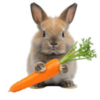 A fluffy bunny holding a bright orange carrot with green leaves on an isolated transparent image view transparent background png
