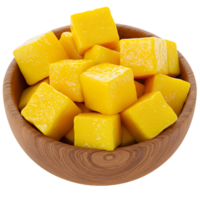A wooden bowl filled to the brim with cubed mango pieces on a plain backdrop in a studio setting transparent background png