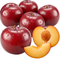 A group of plums with water droplets and one plum cut in half on a transparent surface view from above transparent background png