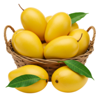 A woven basket filled with several ripe yellow mangos and green leaves on a transparent setting view transparent background png