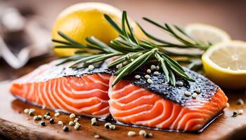 Fresh raw salmon fillet with rosemary and lemon photo