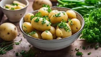 Boiled potatoes with greens in bowl on table close up photo