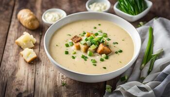 Potato leek soup in white ceramic bowl garnished with green onion, served with croutons, top view, horizontal, copy space photo