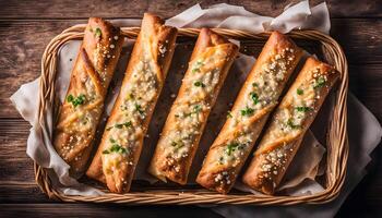 Homemade savory bread sticks with cheese and sesame in a basket, on a wooden table, horizontal, copy space photo