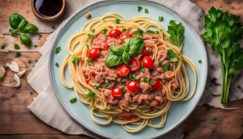 Spaghetti with tuna and tomato basil sauce garnished with parsley, horizontal, top view, copy space photo