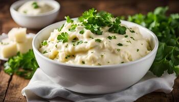 A close-up image of a white bowl filled with creamy mashed potatoes topped with fresh parsley garnish. The bowl is placed on a rustic wooden surface, with whole potatoes visible in the background. photo