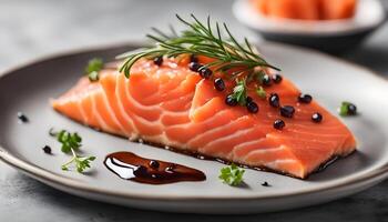 Smoked salmon filet with soy sauce on gray stone, horizontal, closeup photo