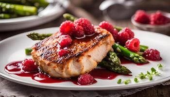 Pork cutlets with raspberry sauce and asparagus on white plate, horizontal photo