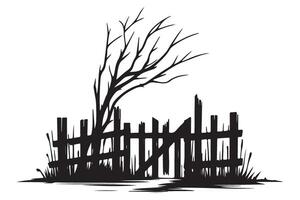 Silhouette of Decayed Tree Next to Broken Fence Illustration vector