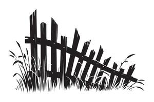 Rustic Leaning Silhouette Fence Illustration Overgrown Grass Scene vector