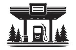 Gas Station Black Silhouette Icon with Pine Trees Design vector