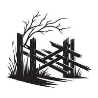 Broken Wooden Fence Silhouette Illustration with Tree and Grass vector