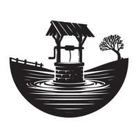 Scenic Water Well with Tree Silhouette Illustration Design vector
