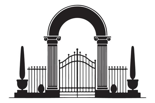 Ornate Estate Gate Silhouette Illustration with Columns and Urns