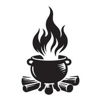 Cauldron with Fire and Wood Silhouette Graphic Image vector