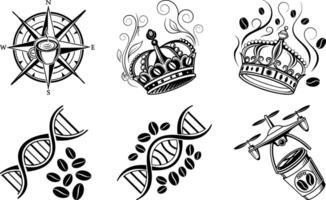 A set of four black and white tattoos with various objects vector