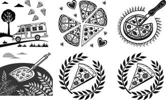 A set of four black and white illustrations of pizza, a truck, and a tree vector