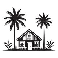 Silhouette Tropical Cottage with Two Palm Trees Design Image vector