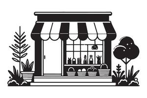 Grocer Shopfront Black and White Line Art Illustration Design vector