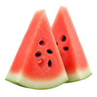 Two watermelon slices with seeds and rind isolated against a plain simple background view close up shot transparent background png