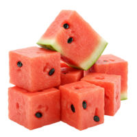 A stack of watermelon cubes and a triangular slice on a plain isolated studio style presentation transparent background png