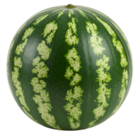 A whole watermelon with green rind and light stripes isolated on a plain color surrounding area view transparent background png