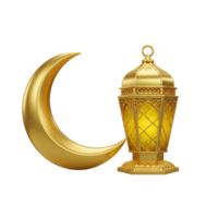 A golden crescent moon and an ornate lantern with a bright light on a plain color background transparent background png