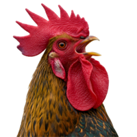 Close up view of a rooster with a red comb and wattle against a plain colored isolation field transparent background png