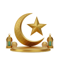 Golden crescent moon and star with lanterns on a platform against a plain background transparent background png
