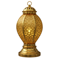 Ornate golden lantern with intricate designs casting a warm glow on a neutral setting view from front transparent background png