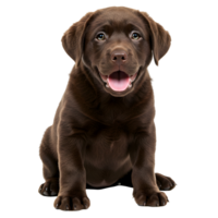 Chocolate labrador puppy sitting with mouth open on a plain isolated simple colored area view from the front transparent background png