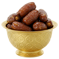Golden bowl filled with fresh dates displayed against a plain light colored environment view from above transparent background png