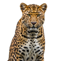 Portrait of a leopard with a spotted coat looking directly at the camera on a plain background transparent background png