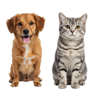 A golden dog with tongue out and a tabby cat sitting side by side in a studio setting isolated transparent background png